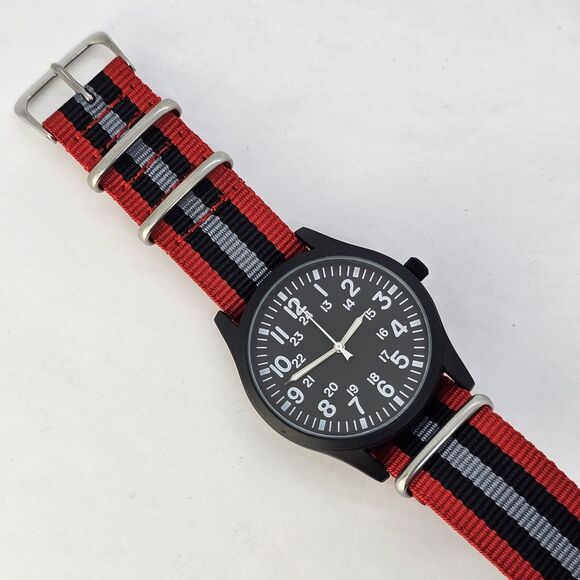 Field Men's Watch 42MM Black Case Black Dial Red Black Gray Canvas Band Strap - Picture 2 of 12